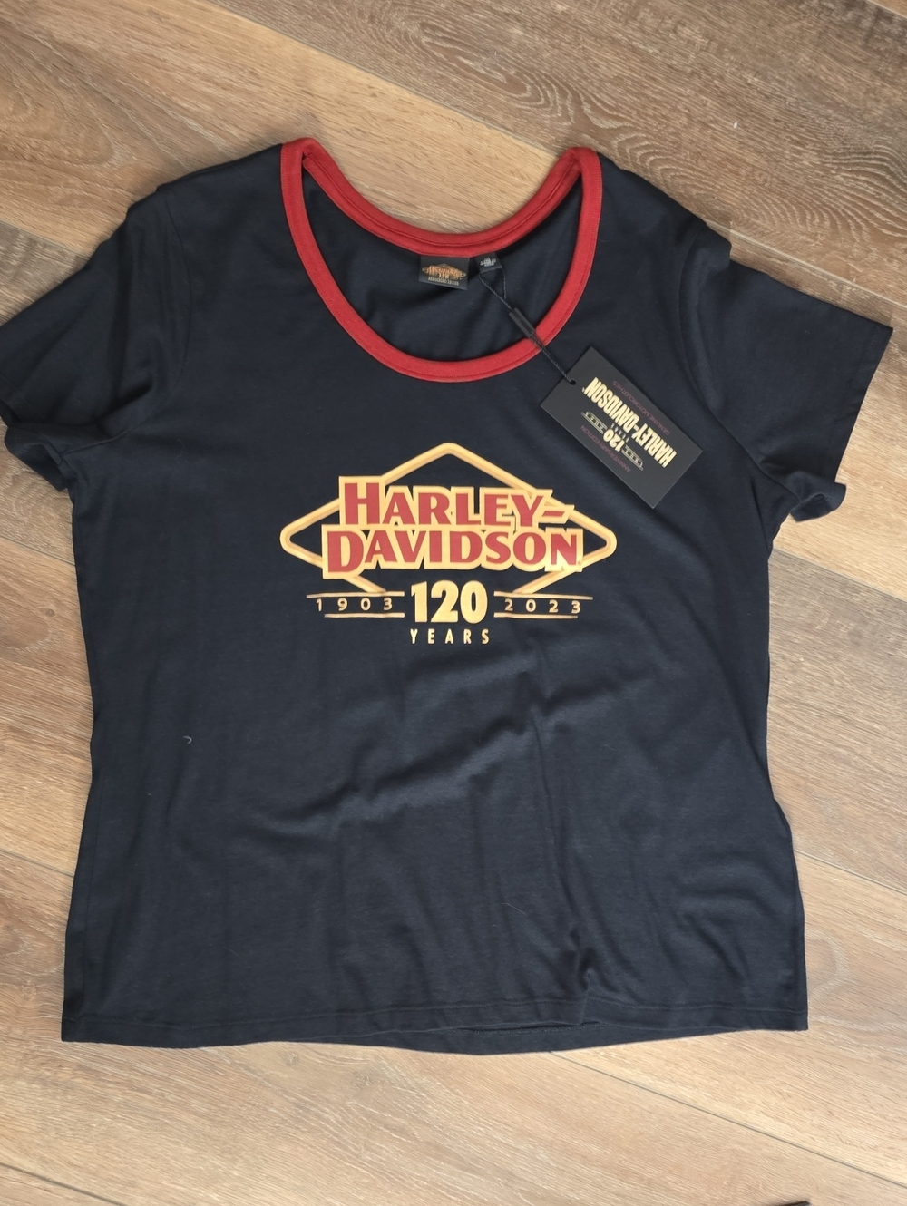 Harley-Davidson Black Tee with Red Trim and Gold Logo